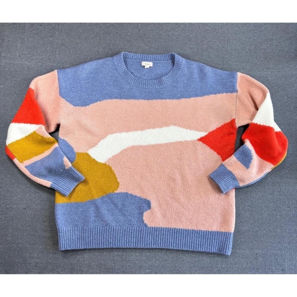 Debut Abstract Colorblock Intarsia Knit Crewneck Sweater Blue Pink Orange Small